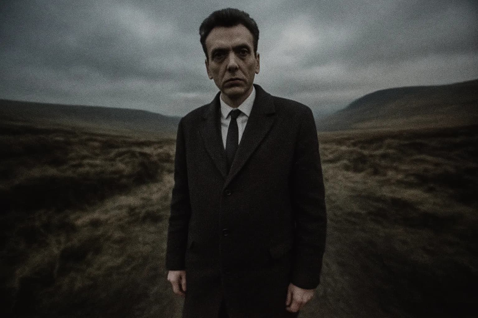 En figur, der ligner Ian Brady, står midt i det øde landskab på Saddleworth Moor, med fjerne bakker indhyllet i tåge.