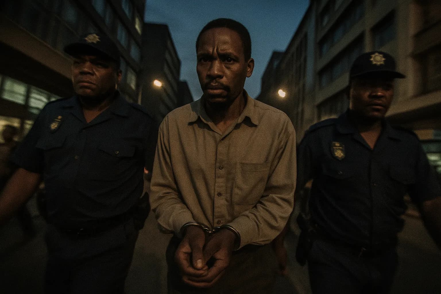 En person der ligner Moses Sithole bliver ført i håndjern af politiet gennem gaderne i Johannesburg, hvilket fanger den ubehagelige spænding omkring hans arrestation efter de berygtede ABC-mord.