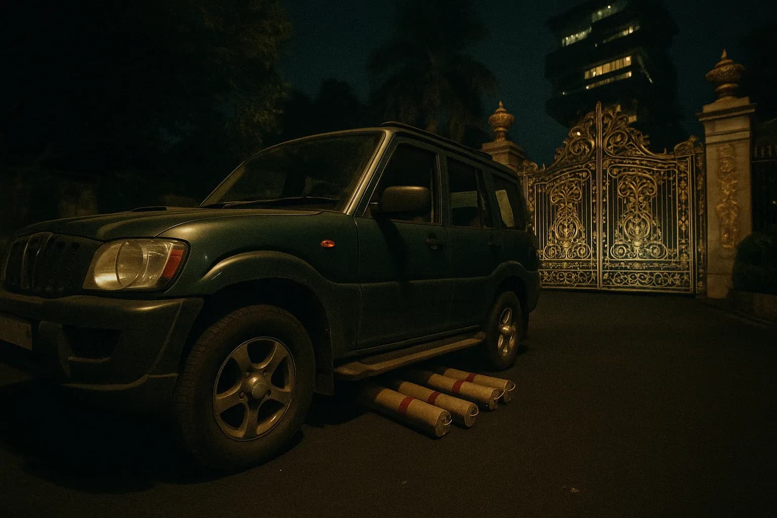 En grøn Scorpio SUV med ændrede nummerplader parkeret nær de overdådige porte til Antilia, hjemmet for Mumbais rigeste mand, står forladt med gelignitstænger synlige under sæderne.