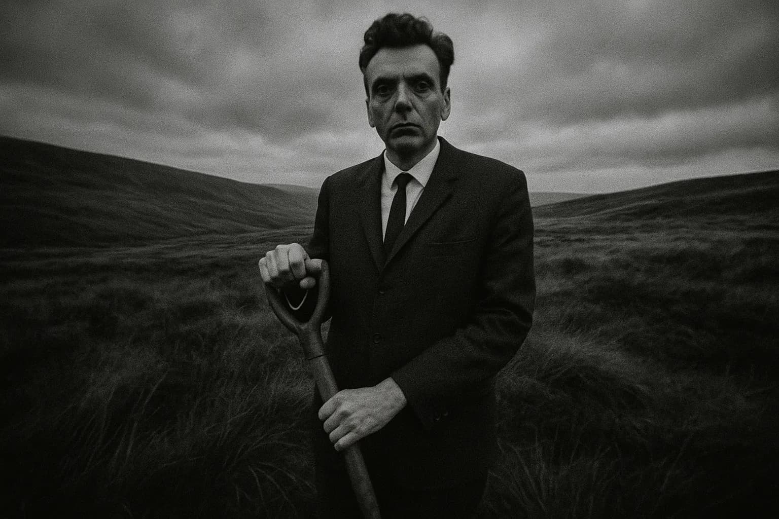 En skikkelse, der ligner Ian Brady, står på Saddleworth Moor og holder en spade, mens hedelandskabet strækker sig ud i det fjerne, hvilket symboliserer den uhyggelige forbindelse til de usete gravsteder for offerne for Moors-mordene.