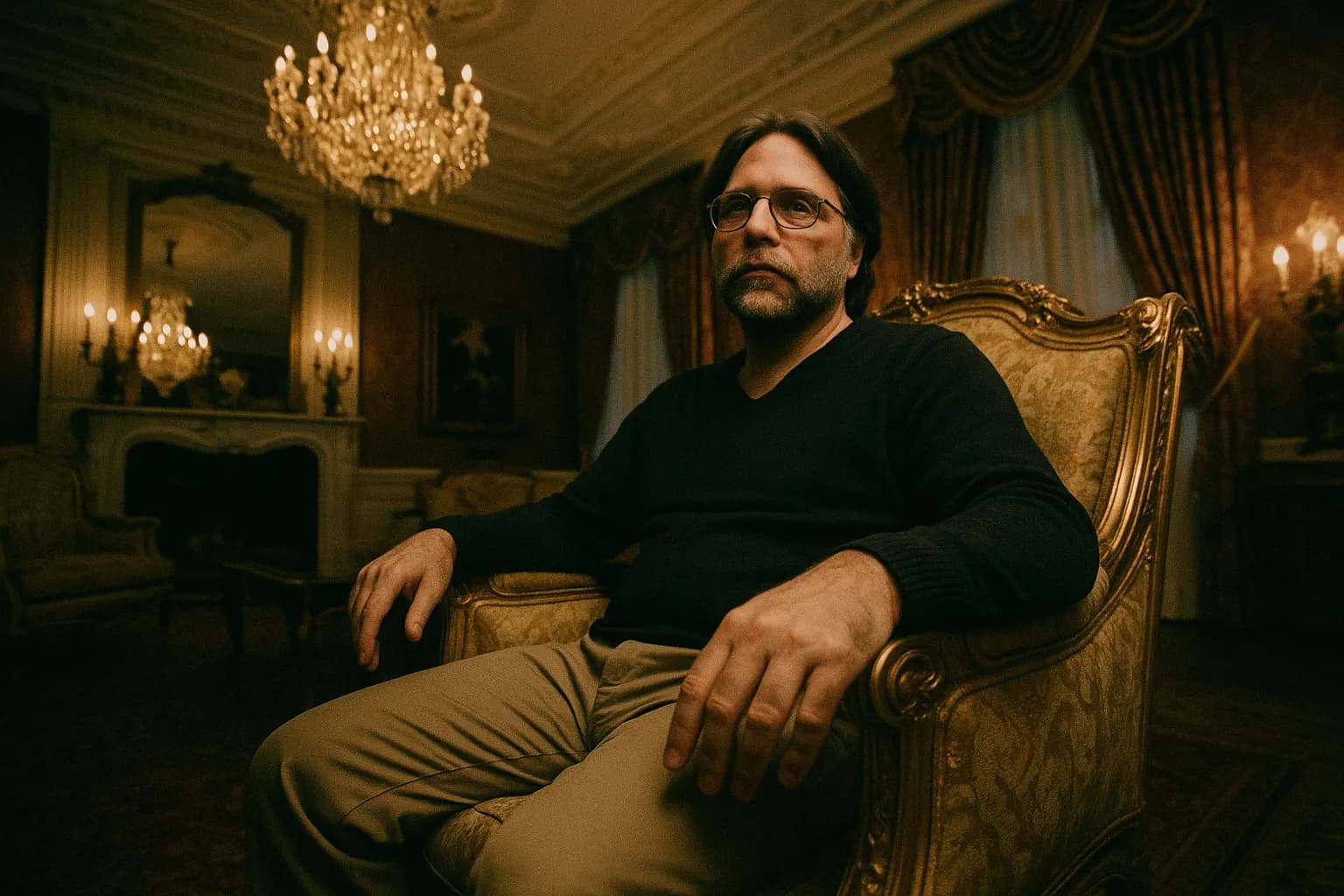 En figur, der ligner Keith Raniere, sidder i et overdådigt rum pyntet med luksuriøs indretning, et symbol på NXIVM-kultens skjulte liv af luksus og kontrol.
