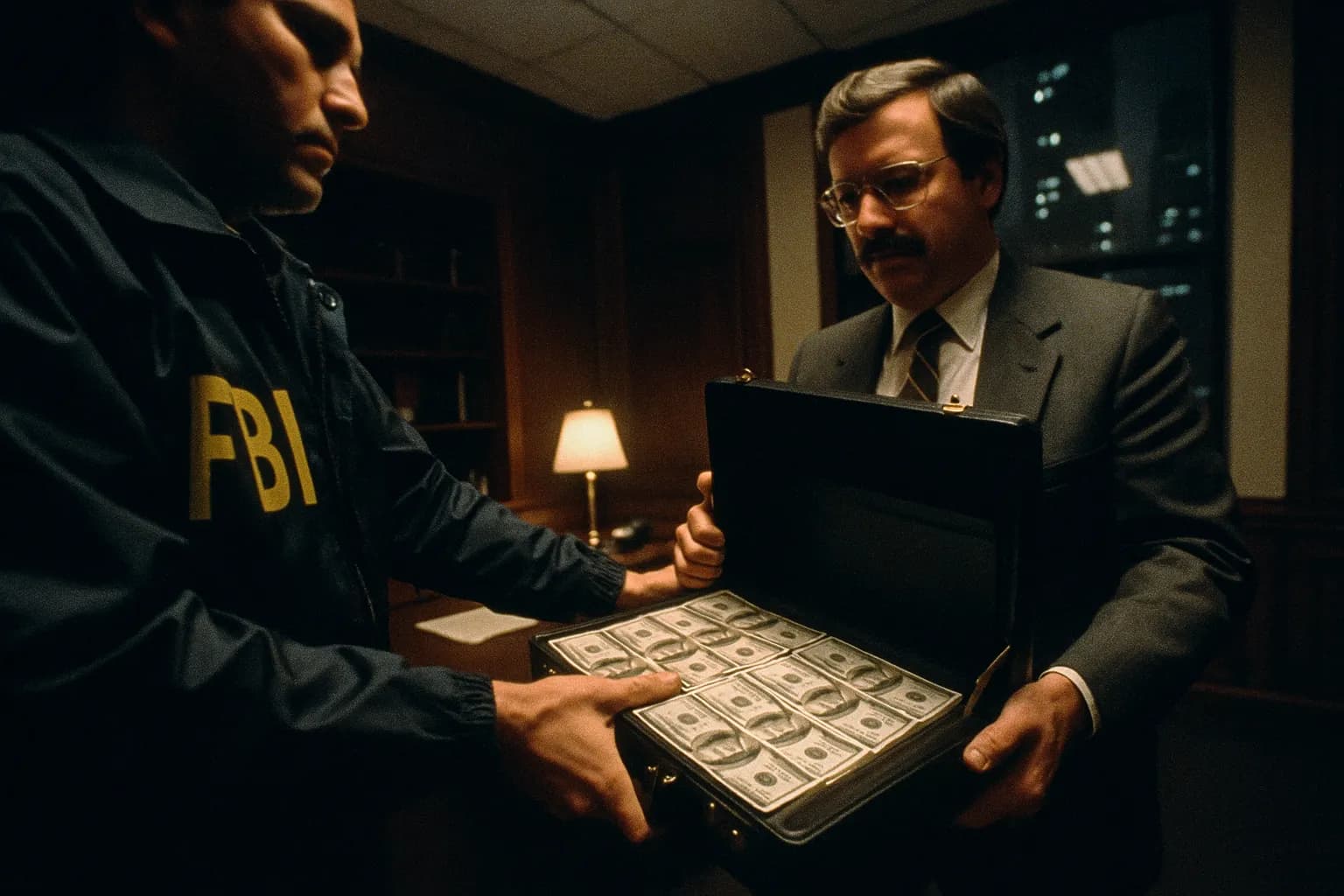 En undercover FBI-agent overdrager en attachémappe fyldt med kontanter til en skikkelse, der ligner Terrence Hake i et svagt oplyst kontor i Chicago, hvilket symboliserer korruptionseksponeringen af Operation Greylord.