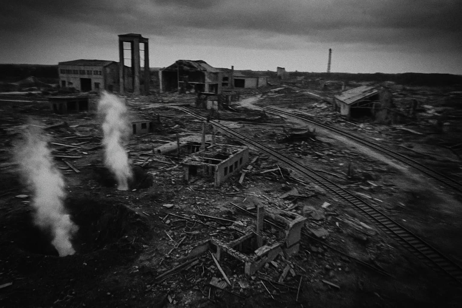 Luftfoto af Peenemünde-anlægget med røgfaner, der stiger op fra bombekratere, rester af Nazitysklands V-2 raketprogram, blandt fragmenterede strukturer og affald, som set fra allieret rekognoscering.