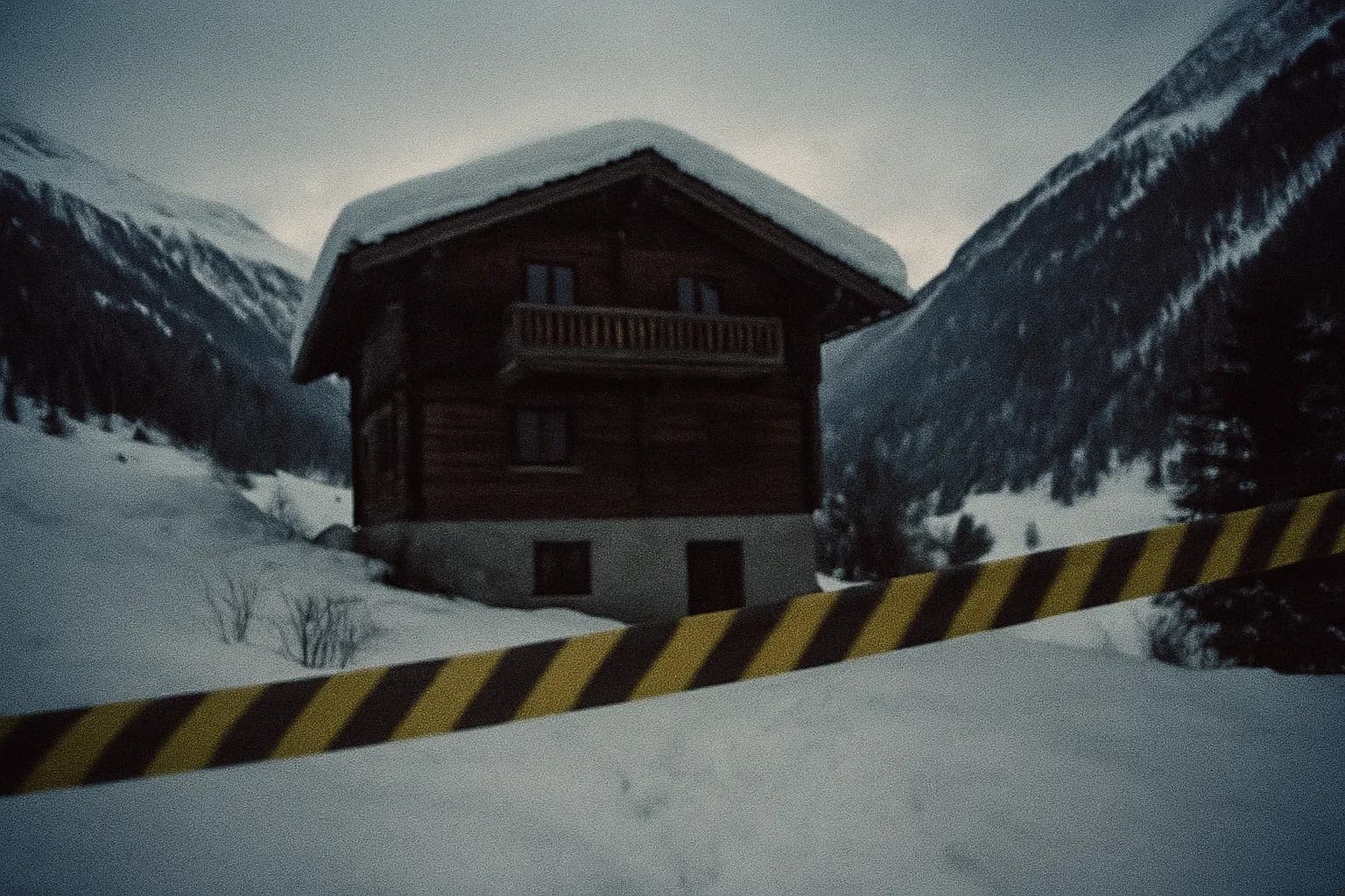 En afsidesliggende chalet i de schweiziske alper omgivet af sne, polititape markerer området, hvor Soltempelordens tragiske masseselvmord fandt sted, en følelse af uhyggelig stilhed og ødelæggelse.