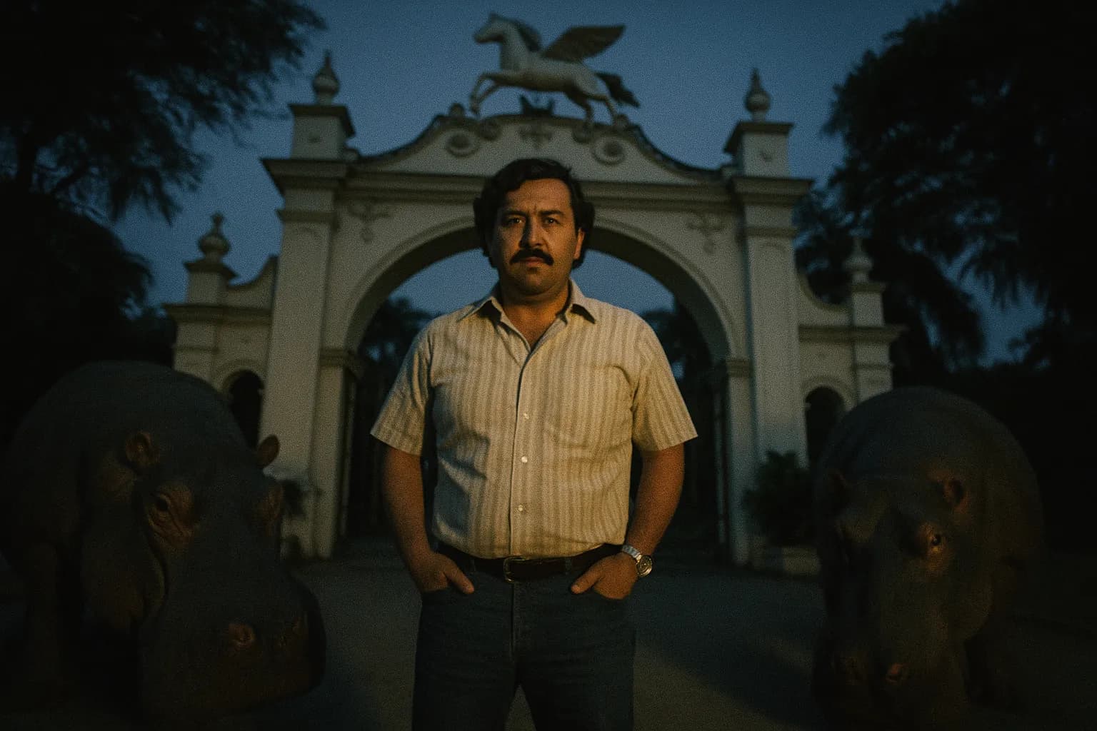 En figur, der ligner Pablo Escobar, står foran den overdådige indgang til Hacienda Nápoles, flankeret af vilde flodheste.