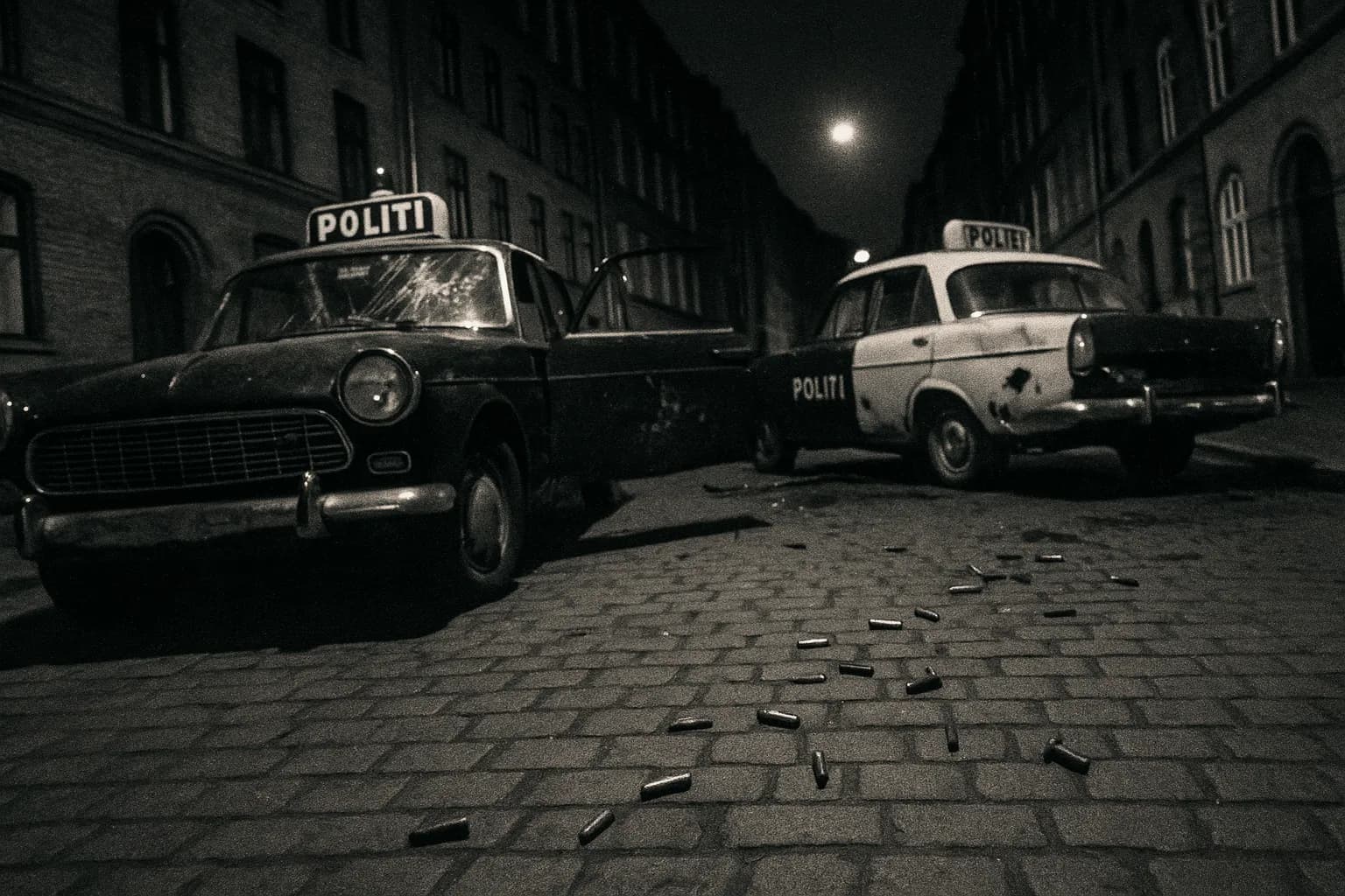 En gade i København fra 1960'erne med vintage politibiler efterladt efter et dødeligt opgør, omgivet af spredte patronhylstre, der indfanger det kaotiske miljø fra Palle Sørensens berygtede firefoldige politimord.