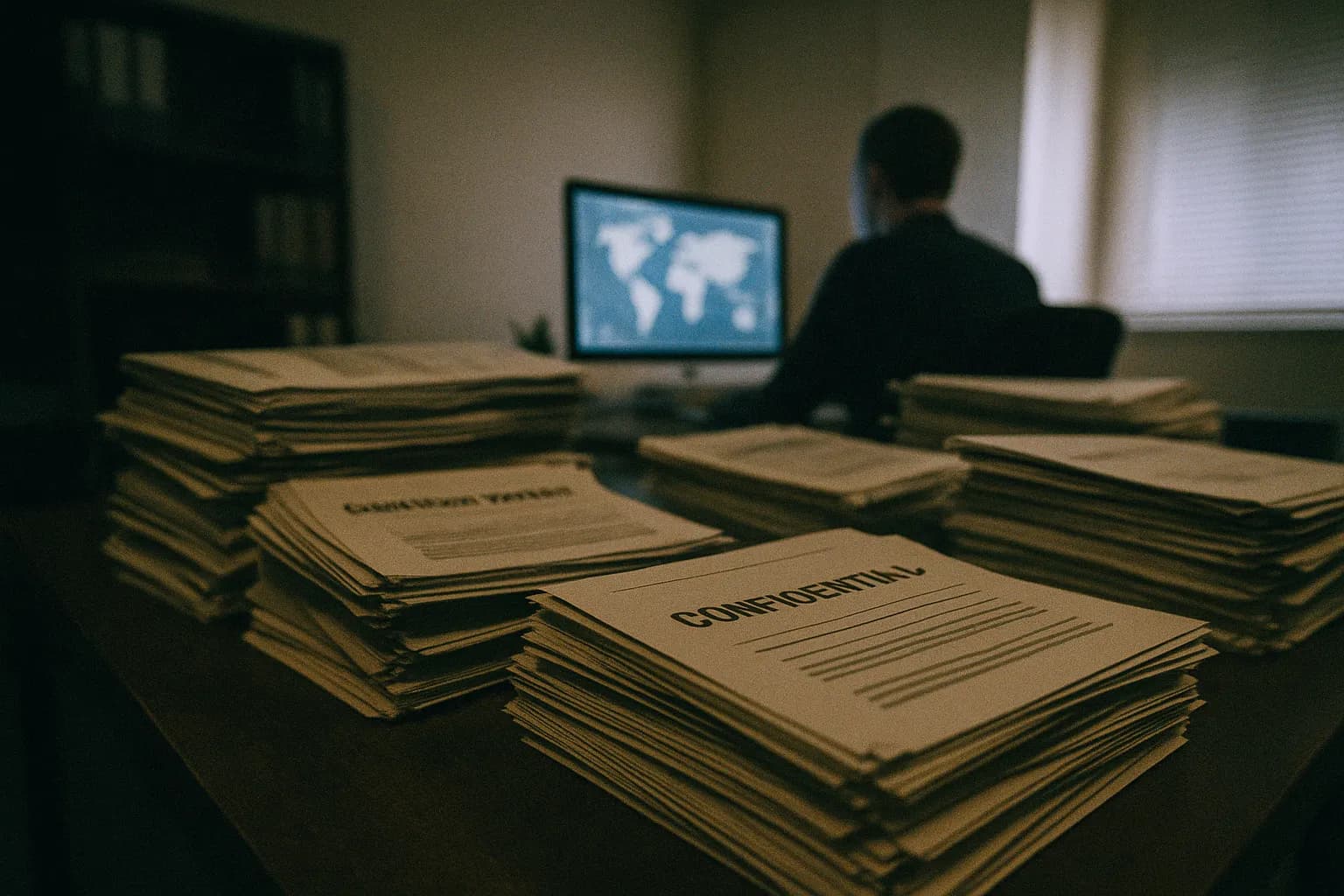 Et bord dækket med bunker af lækkede dokumenter mærket 'Pandora Papers' i en kontorindstilling, med en delvist synlig person der arbejder ved en computerskærm, der viser et verdenskort.