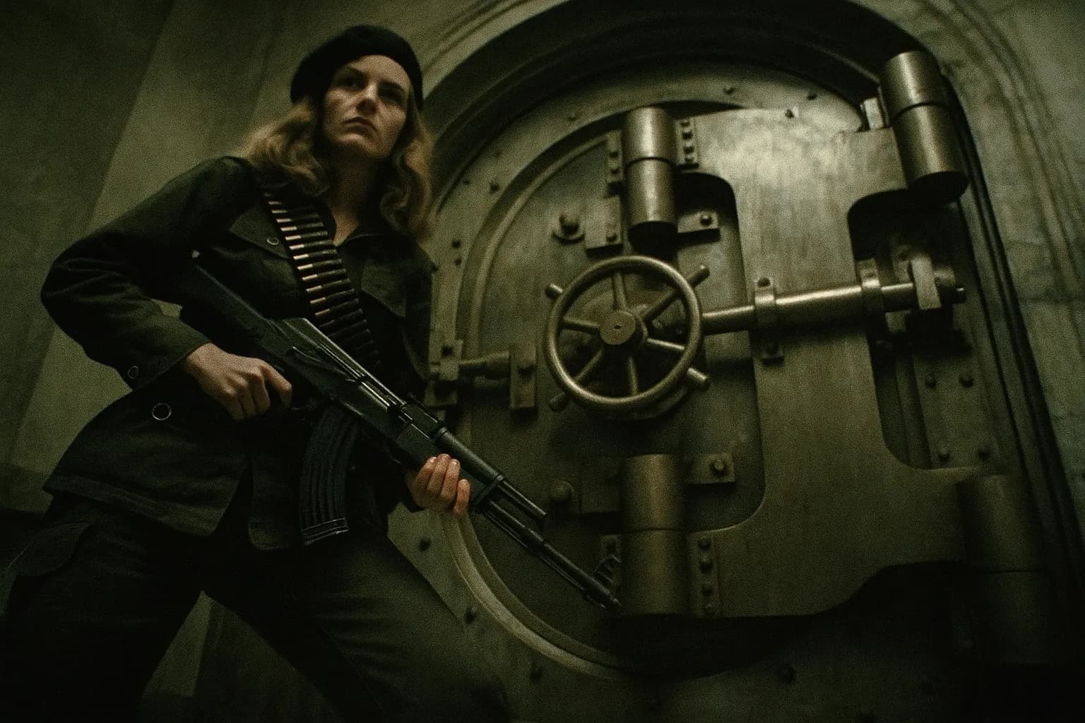 En person, der ligner Patty Hearst, iført guerillatøj, står trodsigt ved siden af en vintage bankboks, hvilket vækker hendes transformation til SLA-aliaset 'Tania' under Hibernia bankrøveriet.