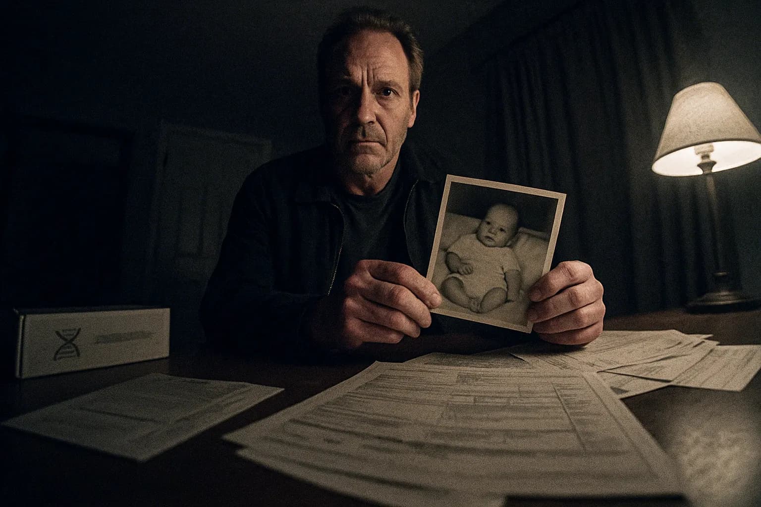 En person, der ligner Paul Fronczak, står i et svagt oplyst rum og holder et gammelt sort-hvidt foto af en baby. I nærheden antyder et DNA-testkit og spredte dokumenter en lang, indviklet identitetsmysterie.