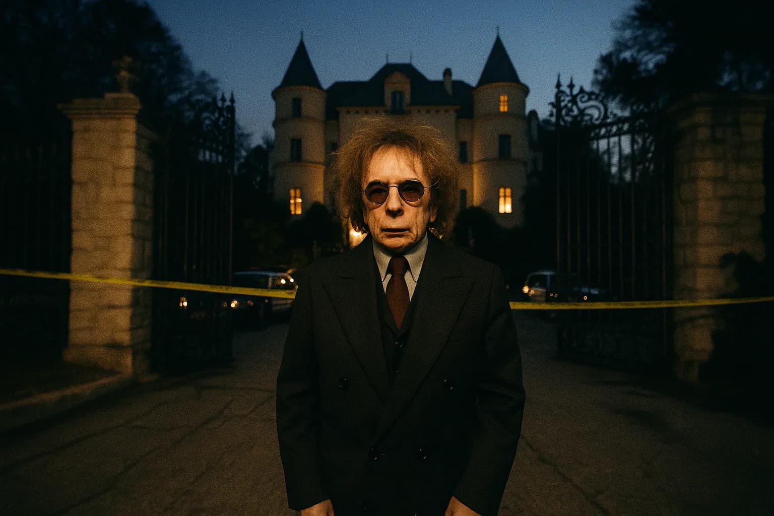 En skikkelse, der ligner Phil Spector, står foran den udsmykkede indgang til Pyrenees Castle, en storslået herregård med imponerende porte, omgivet af politibånd og fjerne køretøjer.