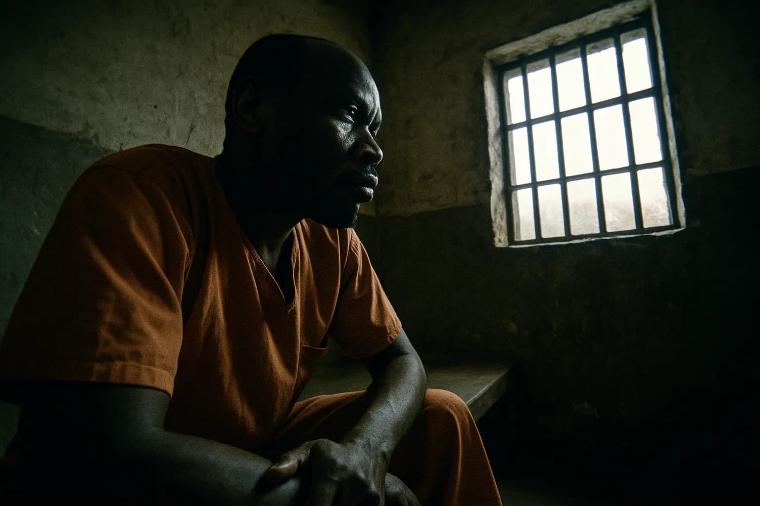 En ensom celle i Kamiti-fængslet med Philip Ondari Onyancha, en figur der ligner ham betragter tankefuldt det spærrede vindue, skygger falder over hans ansigt og symboliserer den komplekse psyke hos Kenyas berygtede seriemorder og kultmedlem