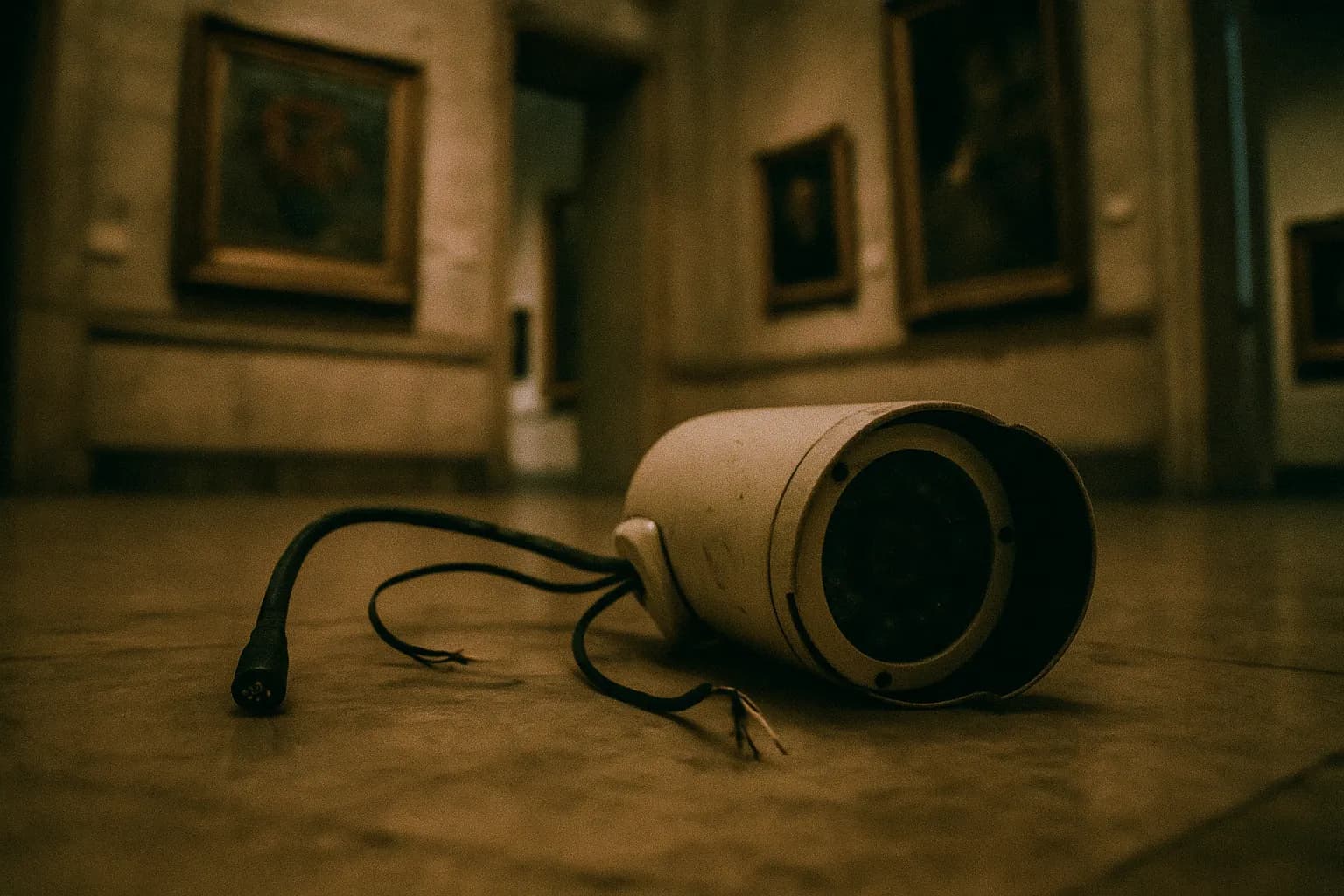 Et beskadiget overvågningskamera fra museet ligger på gulvet i Mohammed Mahmoud Khalil Museet, med ledninger hængende, hvilket symboliserer tyveriet og sikkerhedsfejlene omkring Van Goghs forsvundne maleri 'Poppy Flowers' i Cairo.
