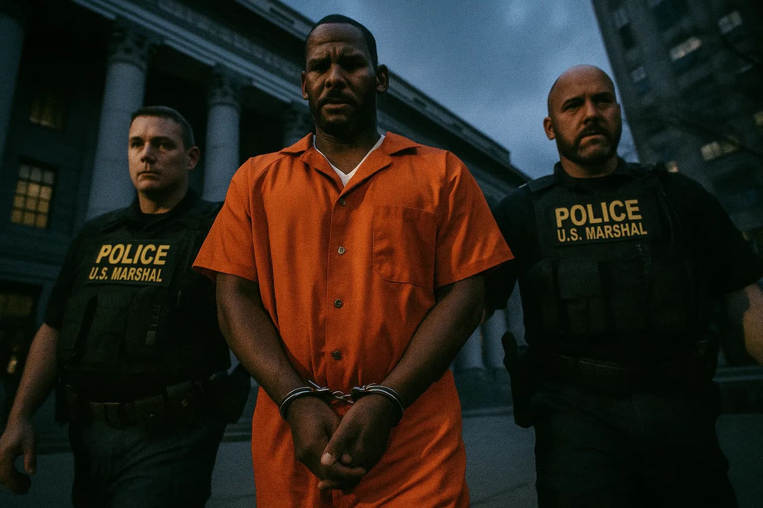 En skikkelse, der ligner R. Kelly, står i håndjern i en orange fængselsdragt, flankeret af U.S. Marshals, uden for en føderal domstol.
