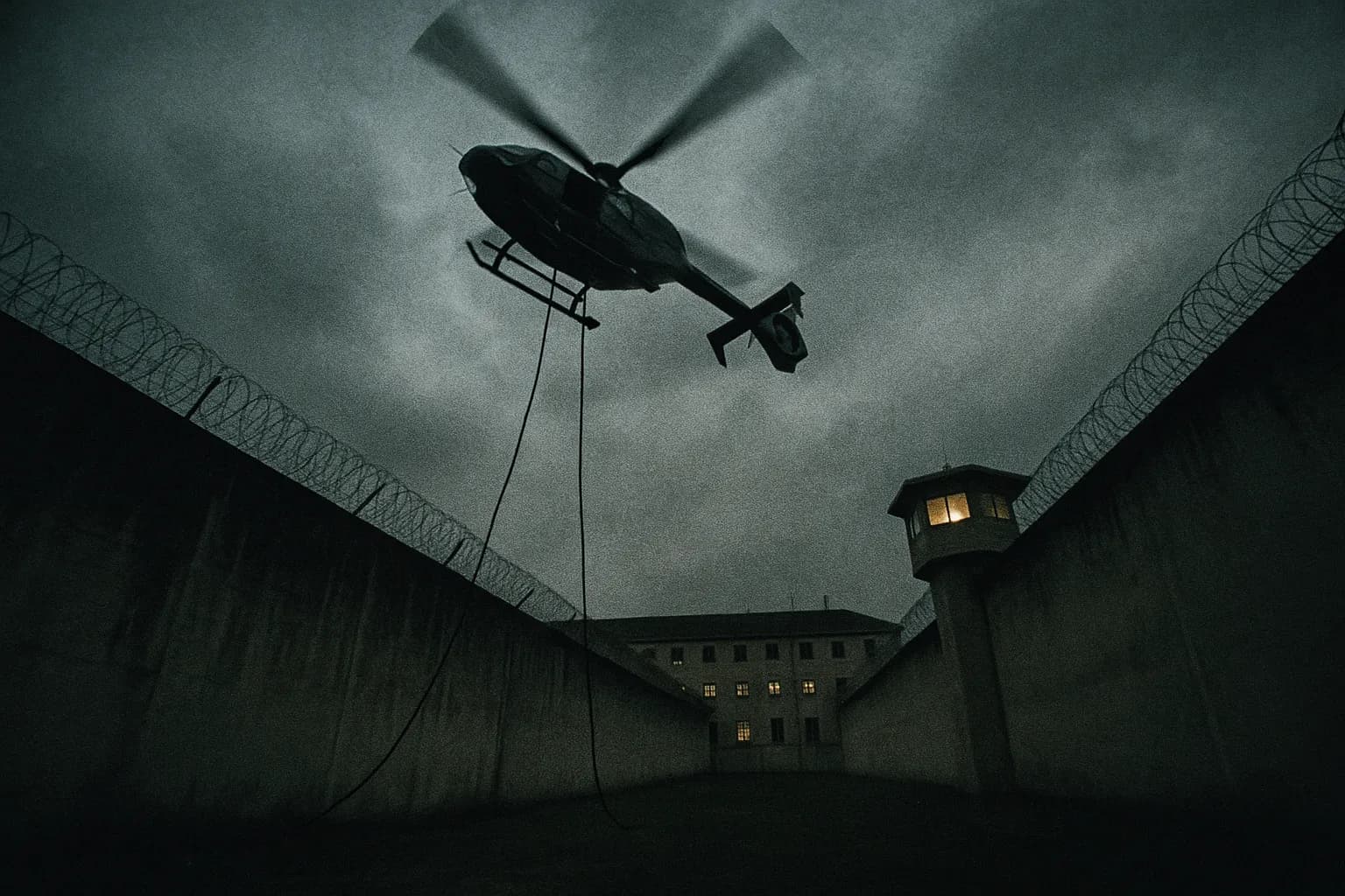 En helikopter svæver over et højsikkerhedsfængsel i Frankrig, reb hænger ned som en del af en dristig flugtplan.