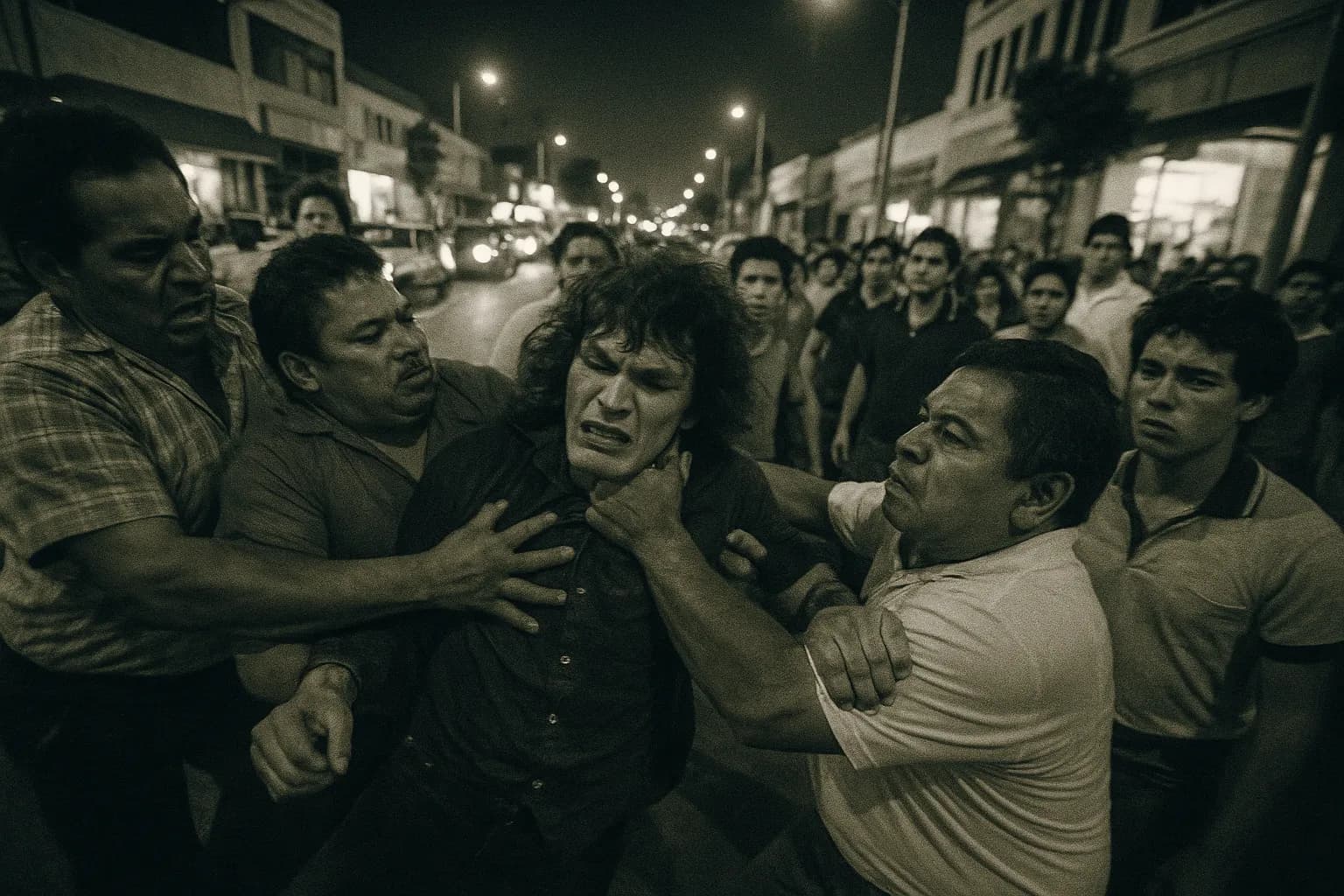 En person, der ligner Richard Ramirez, bliver overmandet af borgere på en travl gade i East Los Angeles, spændingen er tydelig i mængden omkring dem