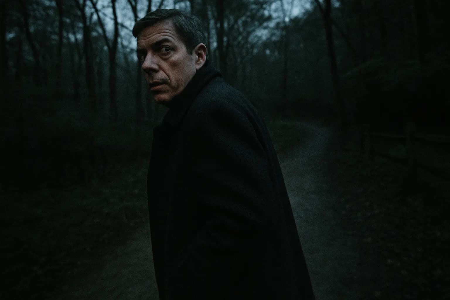 En skikkelse, der ligner Robert Hanssen, iført en mørk overfrakke, står nær en skovsti i Foxstone Park, og kigger over skulderen, spændingen er mærkbar, mens han nærmer sig et hemmeligt dødsfaldssted i skyggerne.