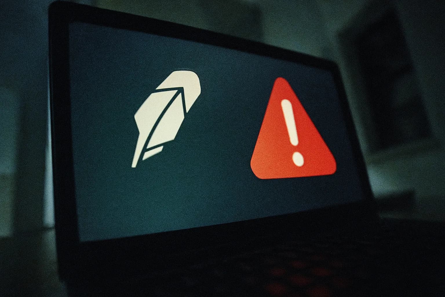 En computerskærm viser Robinhood-logoet sammen med et alarmikon, der symboliserer den massive brugerdatalækage og den efterfølgende cybersikkerhedsskandale.