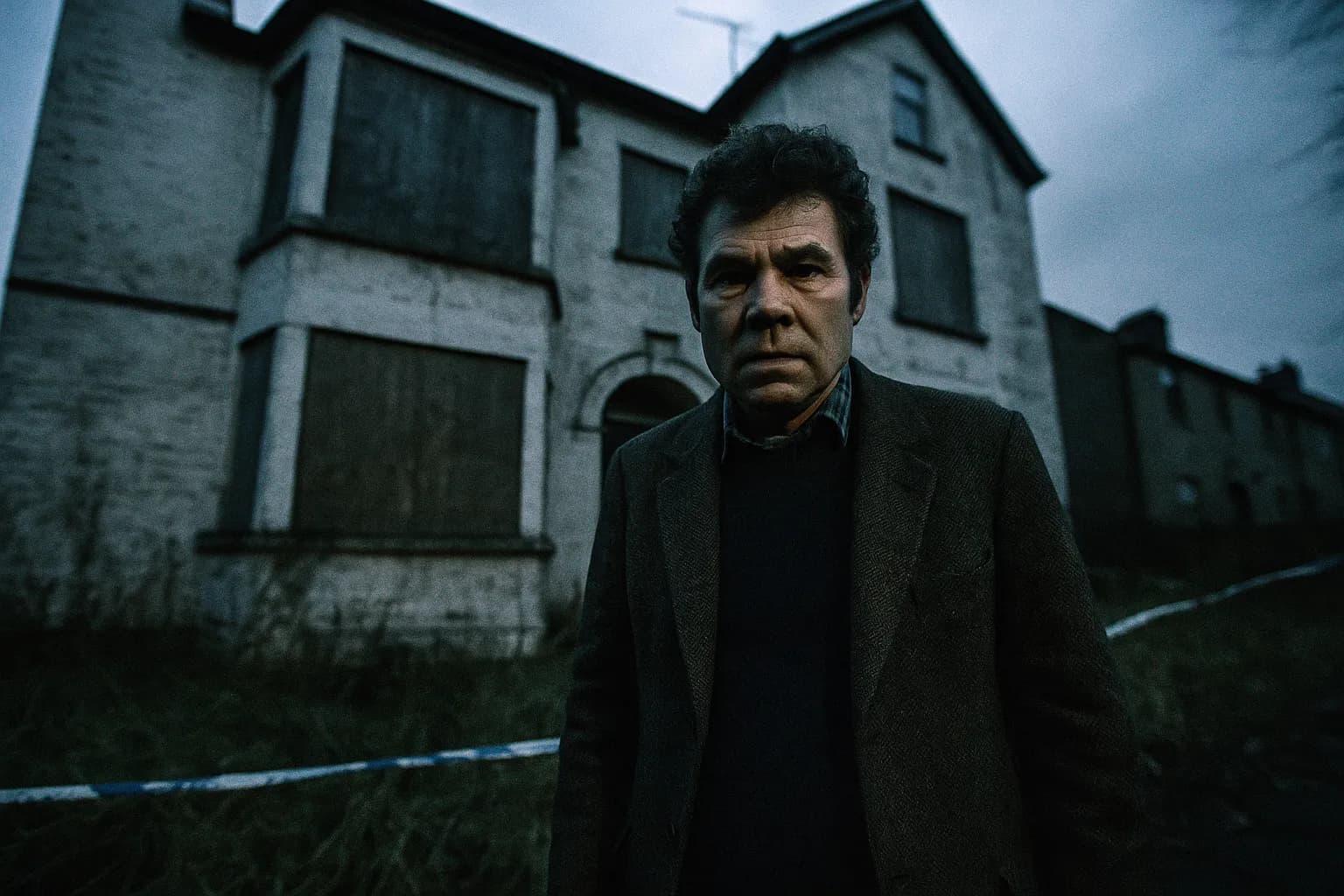 En figur, der ligner Fred West, står foran Cromwell Street nr. 25, et dystert hus med tilspigrede vinduer, omgivet af tilgroet ukrudt og rester af polititape, der indkapsler den dystre historie for stedet.