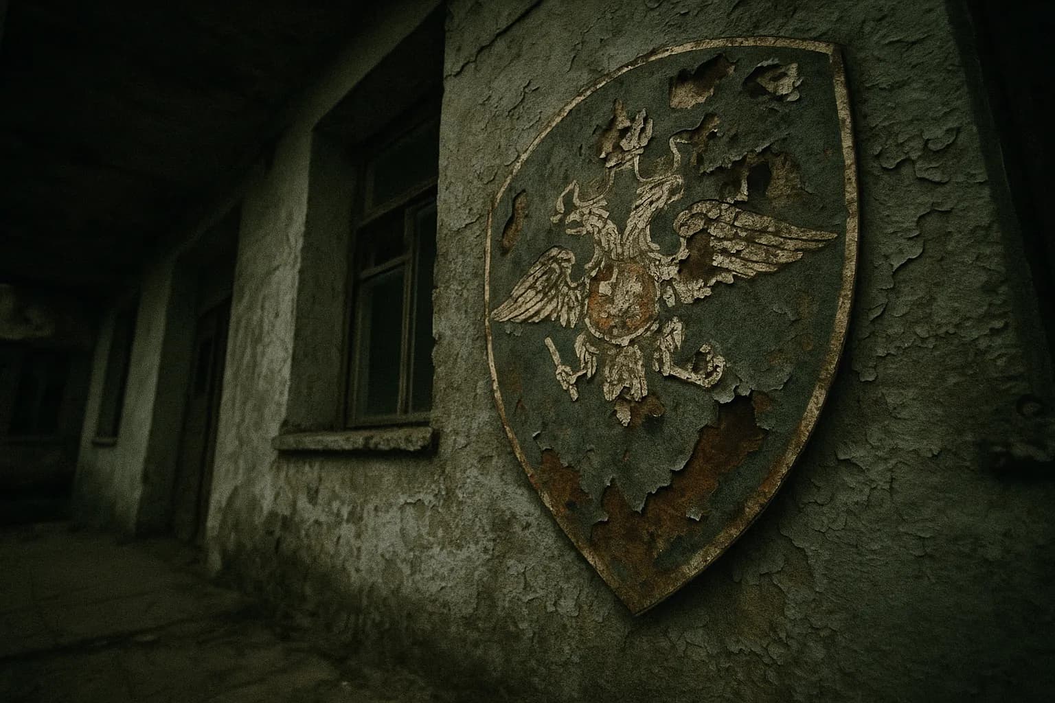 Et nedslidt politistation i Stavropol viser et afskallende emblem af det russiske politi, der symboliserer korruptionsanklager.