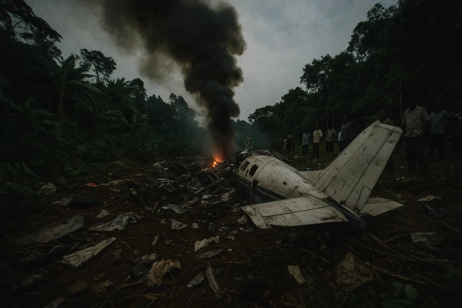 En røgsky stiger over vraget fra et flystyrt i Rwanda, der markerer starten på et folkedrab; spredt vragrester, tæt løv og tilskuere i fjern chok.