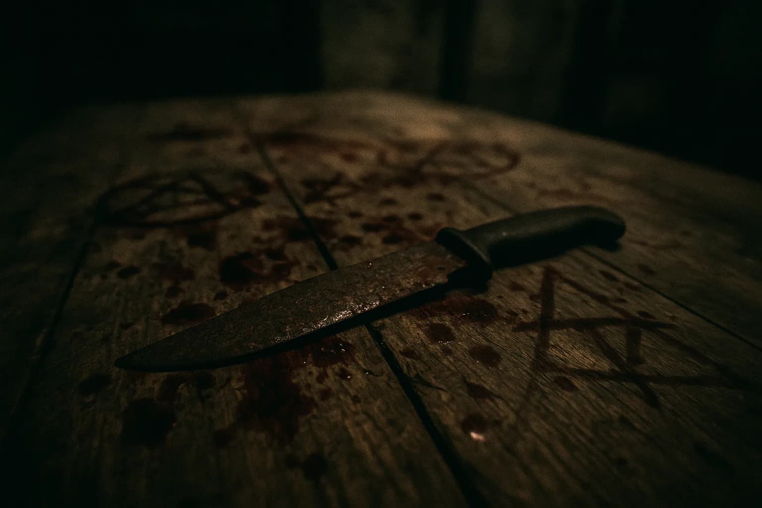 En rusten kniv ligger på et forvitret træbord i et svagt oplyst rum, omgivet af mørkerøde pletter og symboler indgraveret i overfladen, der afspejler de hemmelige ritualer fra Sacra Corona Unita.