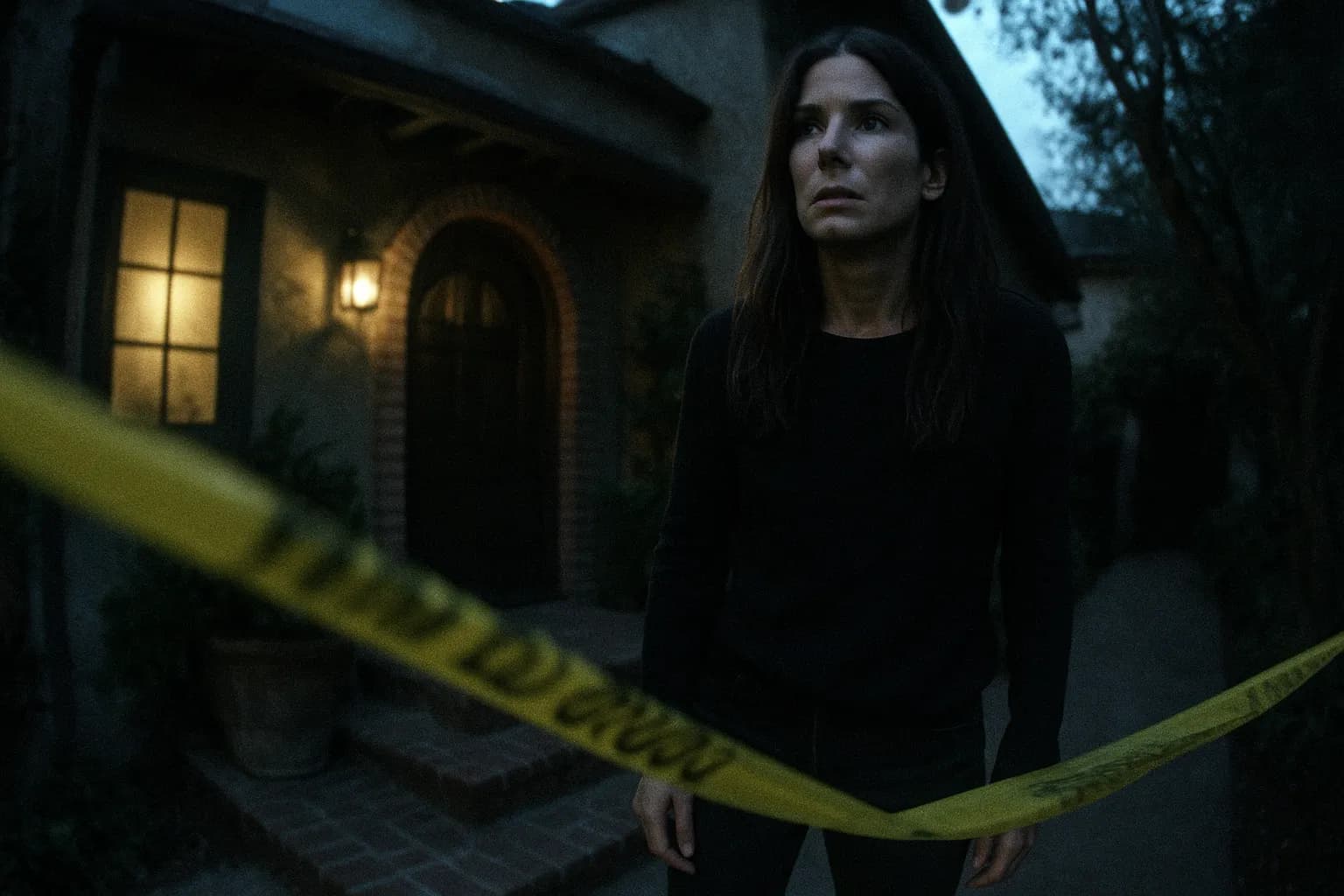 En skikkelse, der ligner Sandra Bullock, står nær indgangen til hendes hjem i Los Angeles, polititape flagrer i vinden.