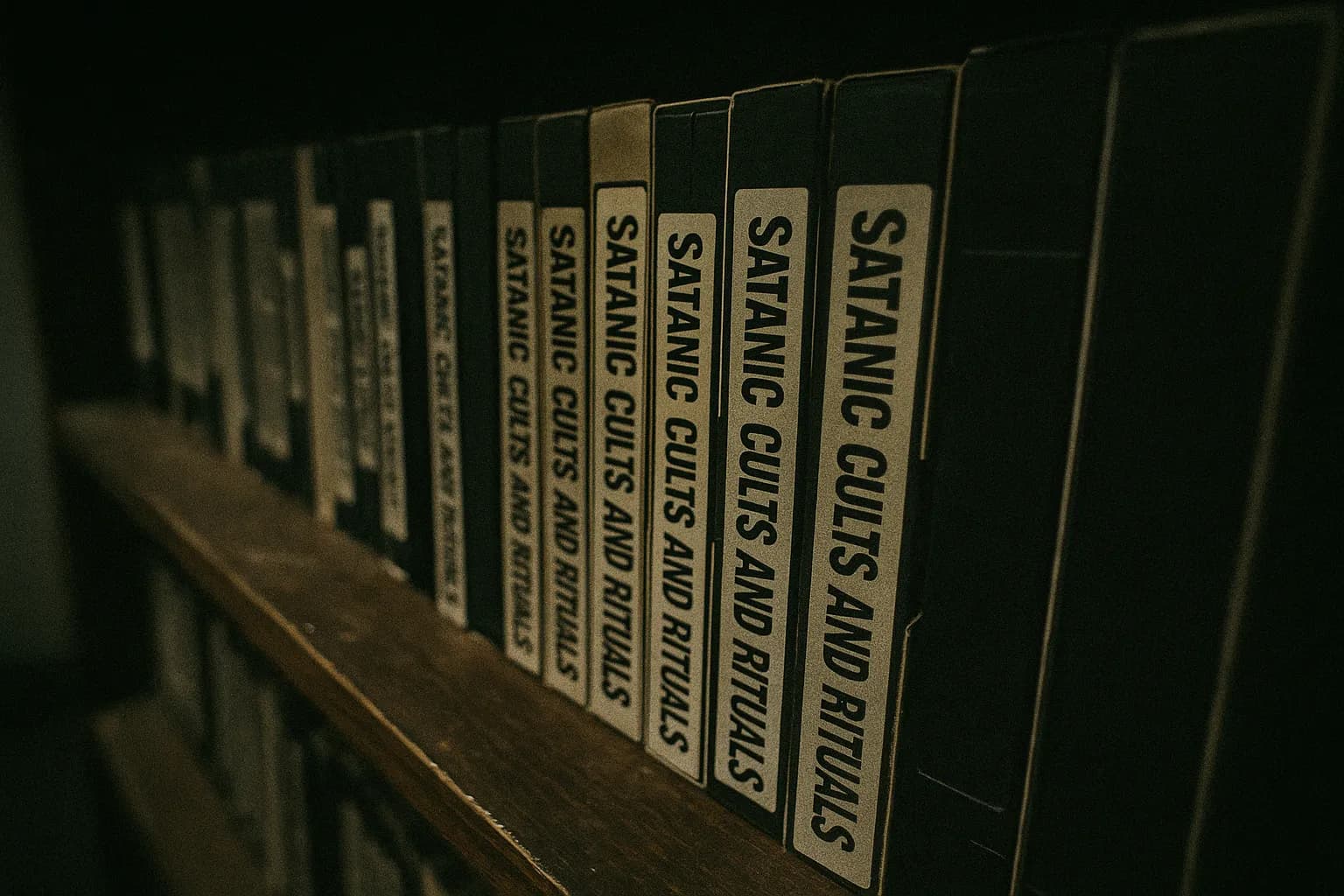 En hylde med VHS-bånd med talkshow-segmenter fra 1980'erne om sataniske kulter og ritualer, med titler som 'Donahue' og 'Oprah' synlige, der fremhæver mediernes hysteri under Satanic Panic-æraen