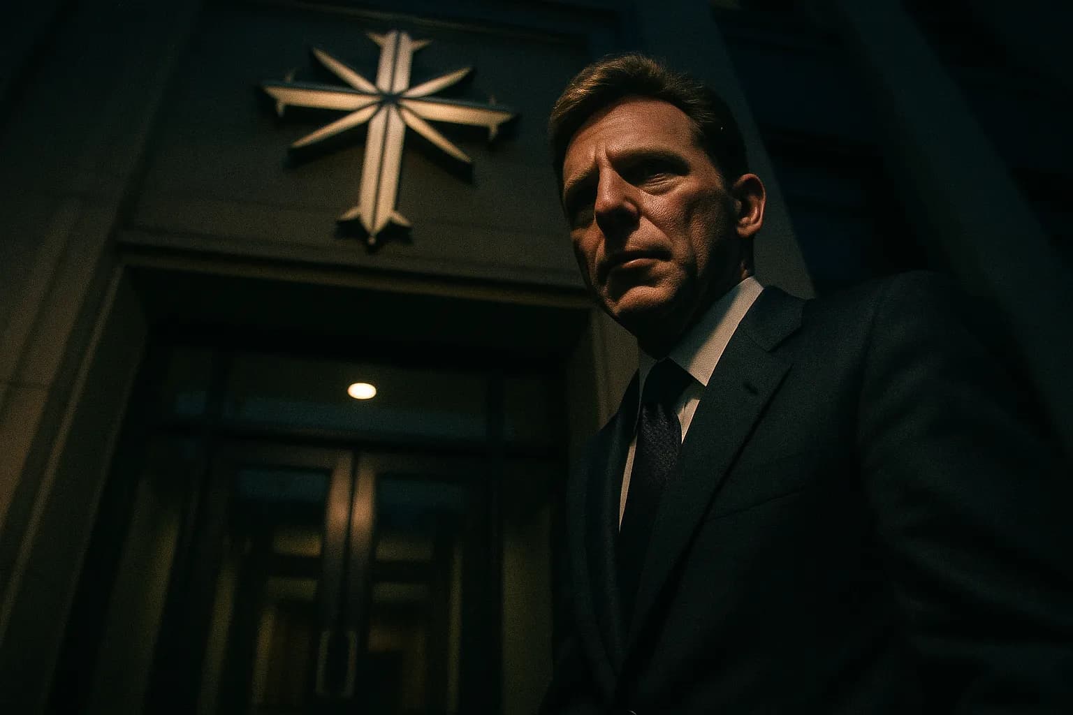 En figur, der ligner David Miscavige, står nær indgangen til en Scientology-bygning, med Scientology Kirkens karakteristiske korslogo synlig over døren.