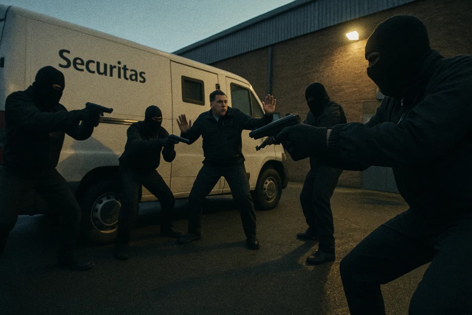 Et spændt øjeblik uden for en Securitas depot med bevæbnede overfaldsmænd, der bærer masker og mørkt tøj, og omringer en sikkerhedsvogn, hvilket afspejler kaoset under det berygtede £53 millioner kup ledet af Lee Murray.