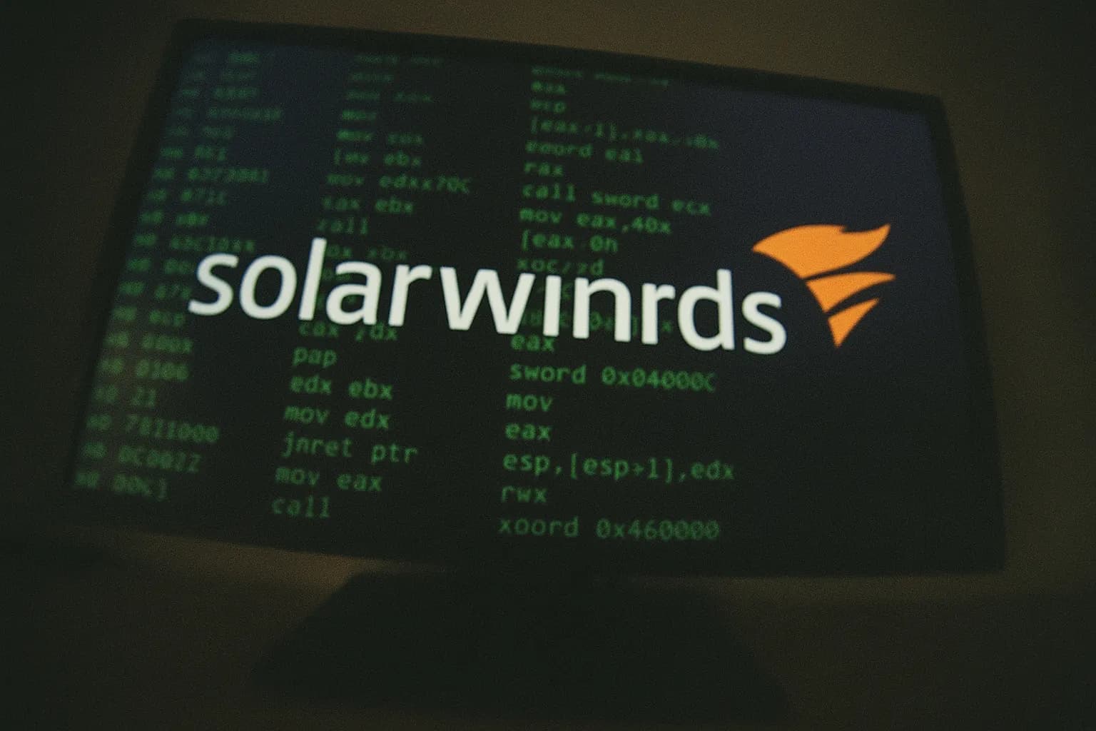 En computerskærm viser SolarWinds-logoet med ondsindet kode kørende, hvilket symboliserer cyber-espionage bruddet orkestreret af de russiske SVR-hackere.
