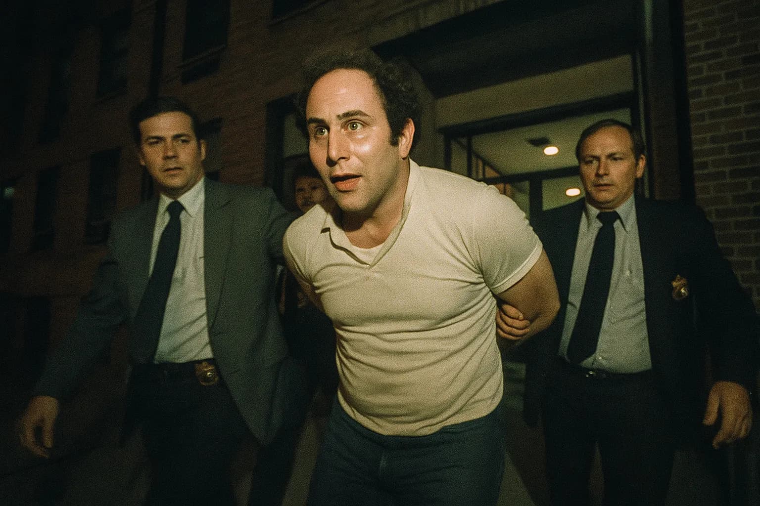En person, der ligner David Berkowitz, bliver ført væk i håndjern af politibetjente uden for en bygning i New York City, hvilket indfanger øjeblikket af hans anholdelse, der afsluttede rædselsregimet.