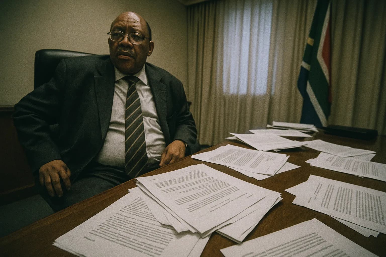 En skikkelse, der ligner Jackie Selebi, tidligere Interpol-præsident, siddende i et kontormiljø blandt spredte juridiske dokumenter, med et sydafrikansk flag synligt i baggrunden.