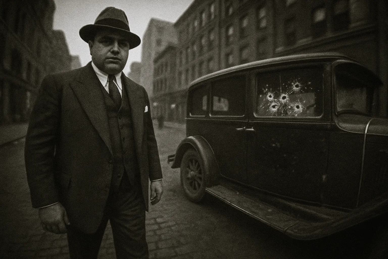 En figur, der ligner Al Capone, står på en gade i Chicago i slutningen af 1920'erne, iført en skræddersyet dragt og en fedora, nær en efterladt bil med kuglebeskudte ruder, og fanger eftervirkningerne af et bandeopgør.