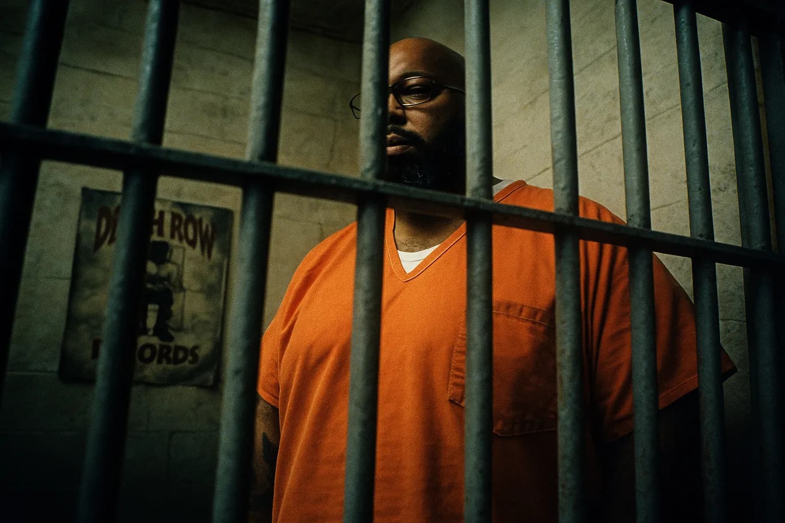 En figur, der ligner Suge Knight, iført fængselstøj, står bag tremmerne i en celle, hans blik fjernt. I baggrunden antyder en falmet plakat af Death Row Records hans tidligere liv i musikbranchen.