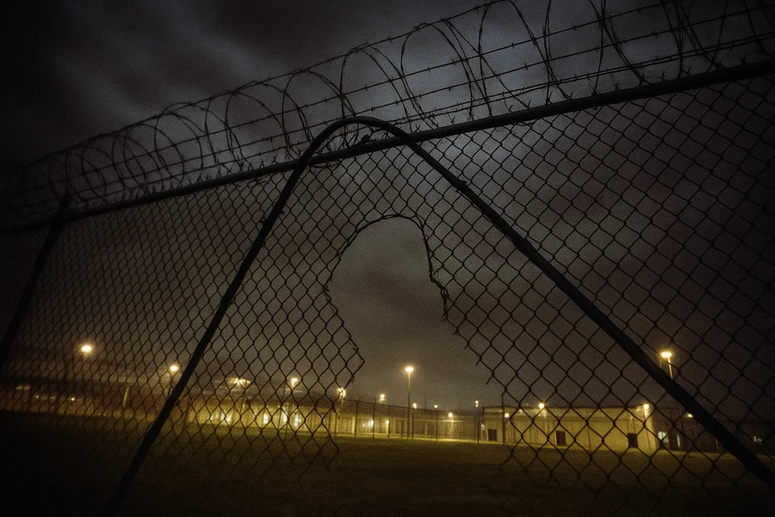 Et fængselshegn ved Connally Unit i Texas, metaltråden skåret og bøjet, symboliserer flugten af Texas Seven, hvis flugt førte til en massiv menneskejagt og tragiske konsekvenser