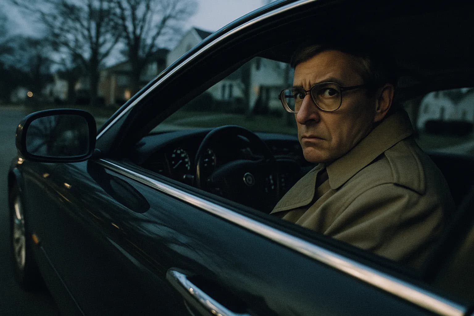 En person, der ligner Aldrich Ames, sidder i en luksuriøs bil, en Jaguar, parkeret ubemærket på en forstadsvej i Arlington. Hans udtryk er anspændt, iført en trenchcoat, og han kigger på sidespejlet.