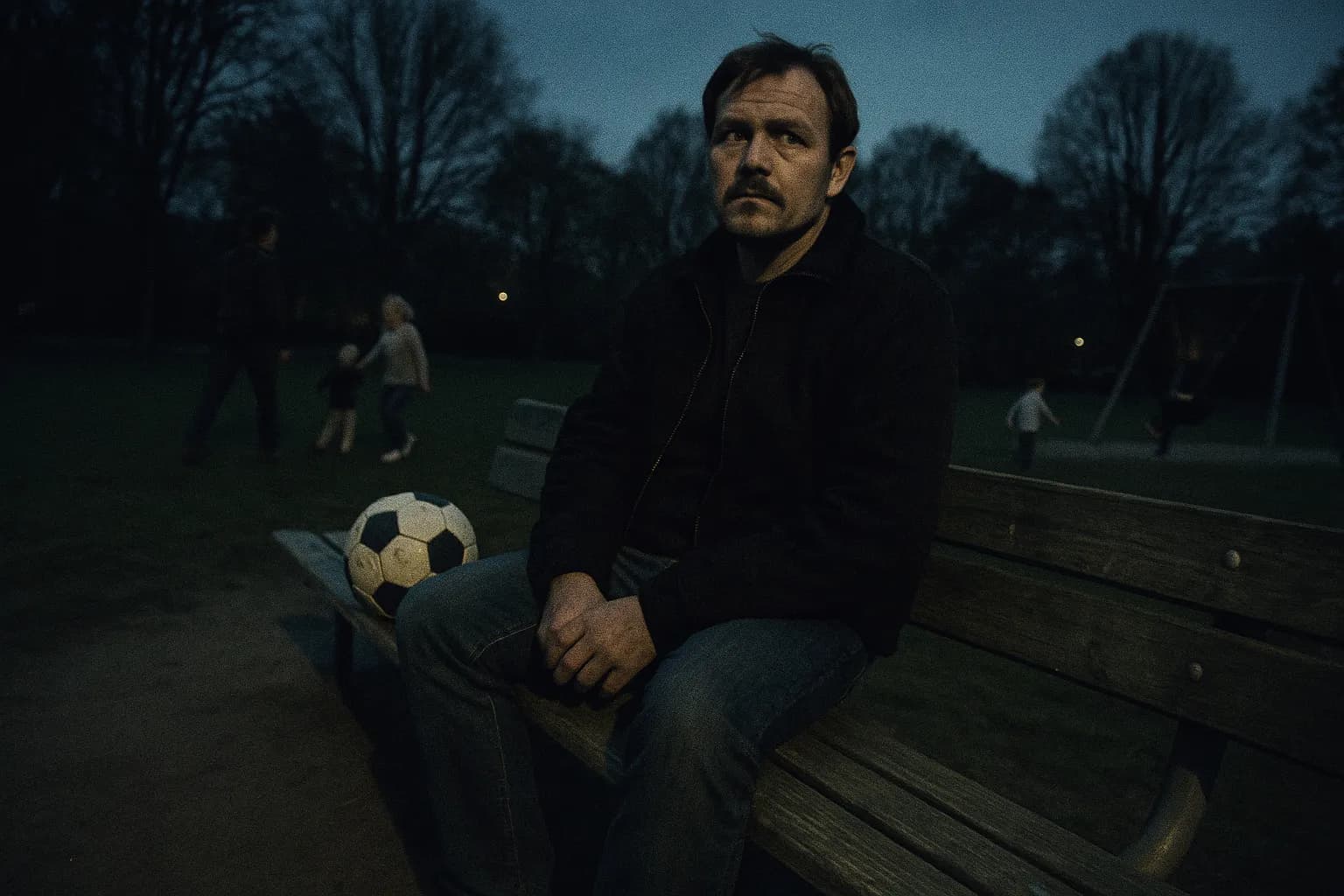 En person, der ligner Marcel Lychau Hansen, sidder på en bænk i en park, med en fodbold ved siden af sig, mens familier leger i det fjerne, hvilket antyder hans dobbelte liv som familiefar og serieforbryder.