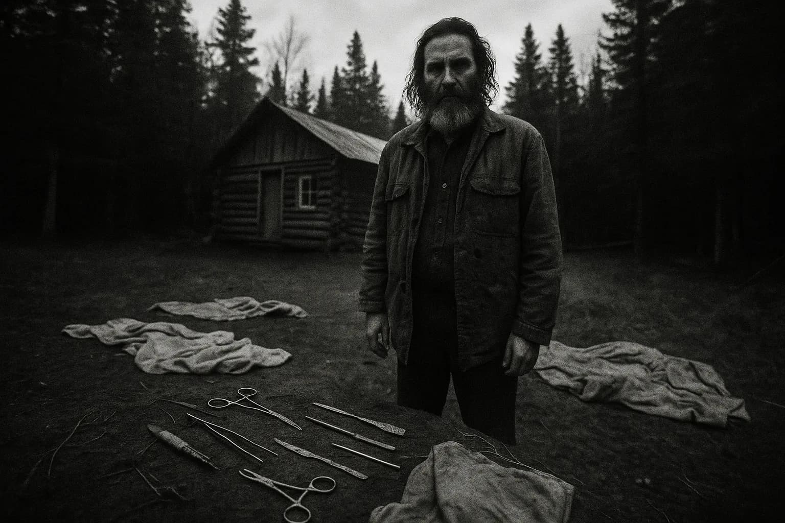 En person, der ligner Roch Thériault, står alvorligt nær en afsides canadisk skovhytte, iført en laset jakke, omgivet af spredte improviserede kirurgiske redskaber og slidte tæpper, symboliserende Ant Hill Kids-kultens isolation og terror.