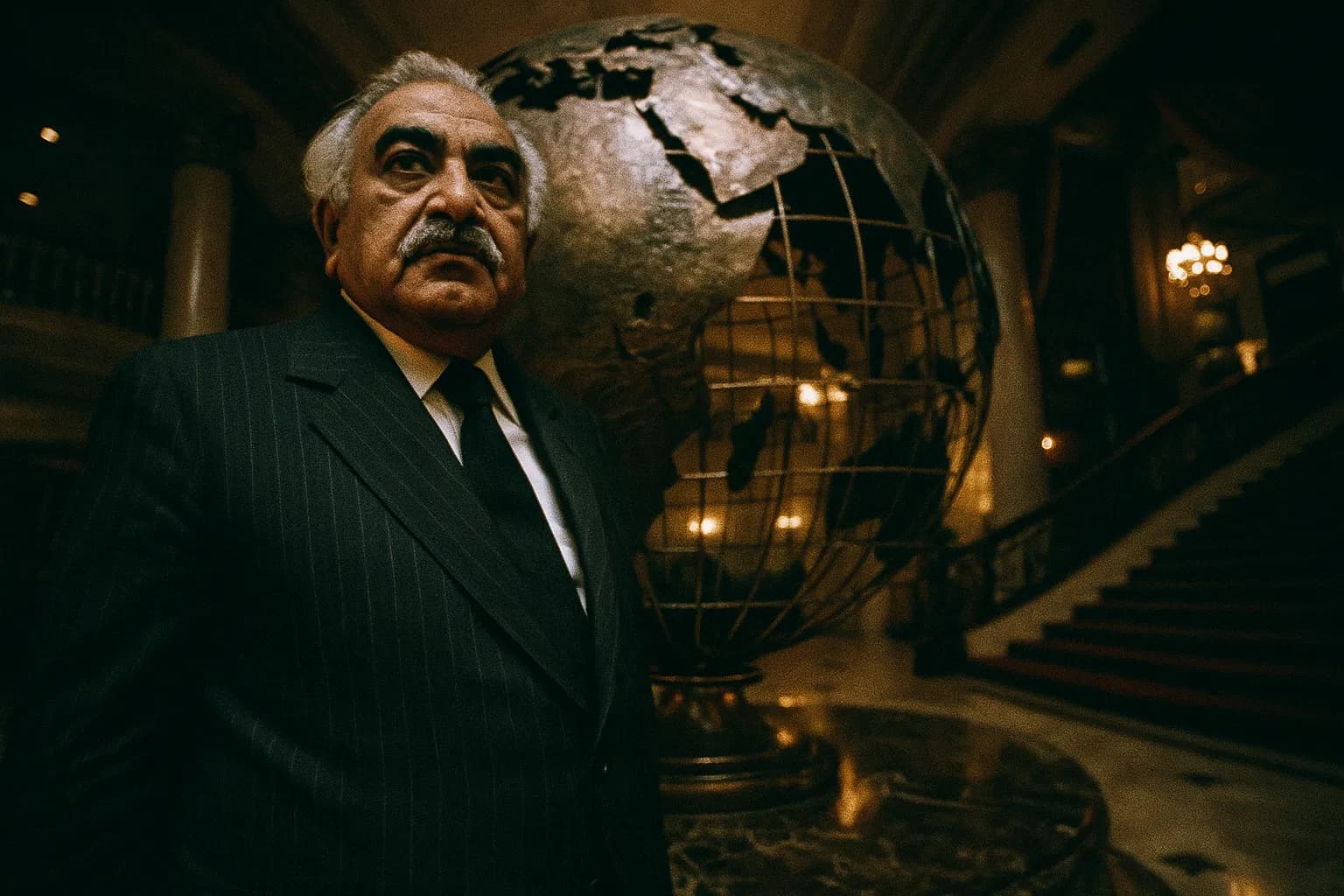 En figur, der ligner Agha Hasan Abedi, foran en massiv globusskulptur, der symboliserer hans globale banknetværk, med antydninger af overdådighed og skandale subtilt integreret i baggrundselementerne.