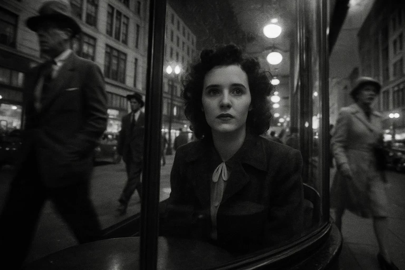 En skikkelse, der ligner Elizabeth Short, kigger ud fra et cafévindue langs en travl gade i Los Angeles i 1947, omgivet af mennesker, der uvidende passerer en fremtidig ikon af uløst mystik og intriger.