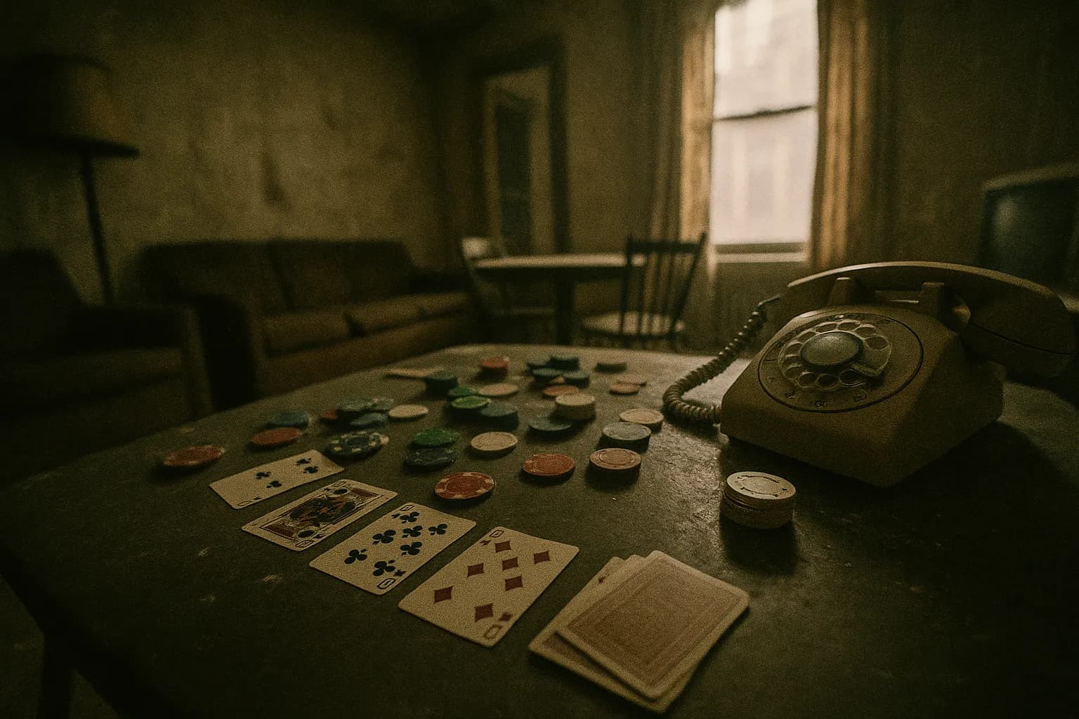 Et støvet, svagt oplyst rum i en lejlighed i New York i 1970'erne, spredt med kort og pokerchips på et bord. En gammel drejeskivetelefon står i nærheden og symboliserer forbindelser til Bonanno-krimifamilien.