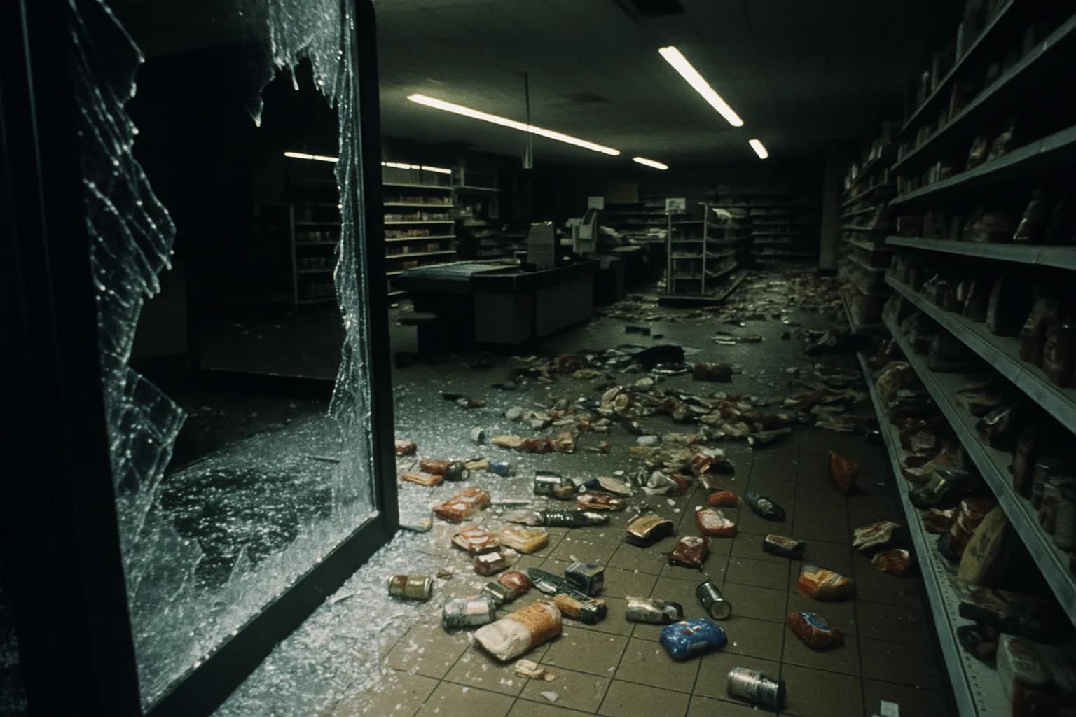 En Delhaize-supermarked i Aalst, Belgien, med knust glas og spredte dagligvarer, eftervirkningerne af Nivelles-bandens berygtede massakre i 1985, som indkapsler frygten og kaosset efterladt af Brabant-dræberne.
