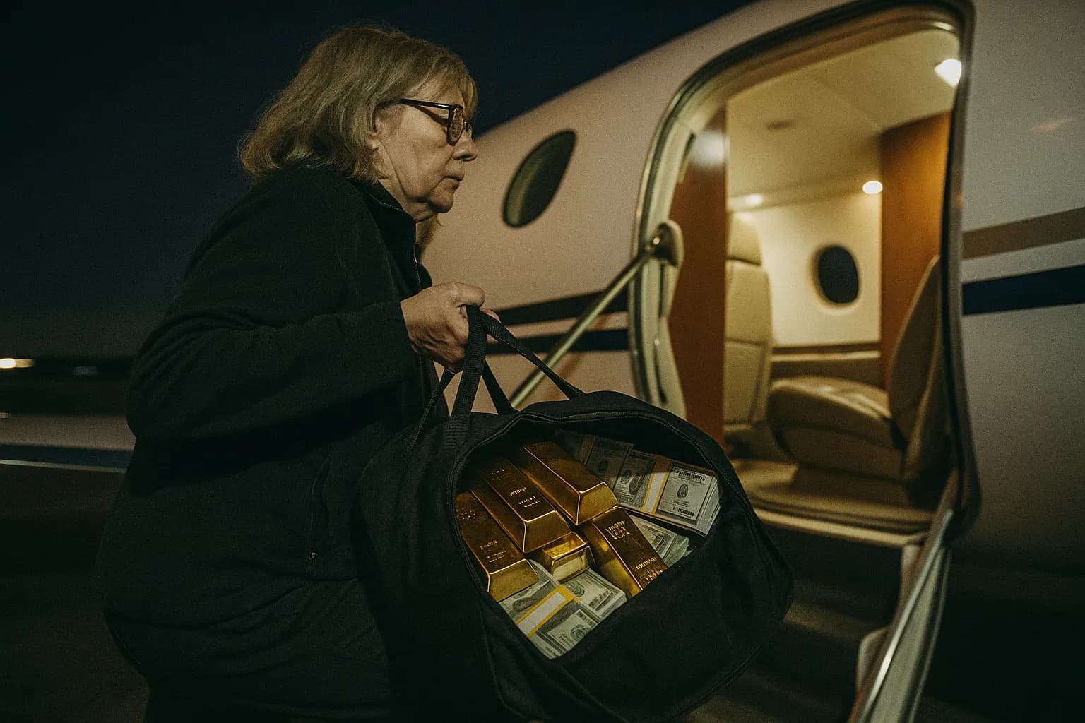 En person der ligner Britta Nielsen går ombord på et luksusfly, en taske fyldt med guldbarrer og kontanter, hvilket vækker associationer til den overdådige livsstil finansieret af hendes massive svindel med de danske sociale tjenester.