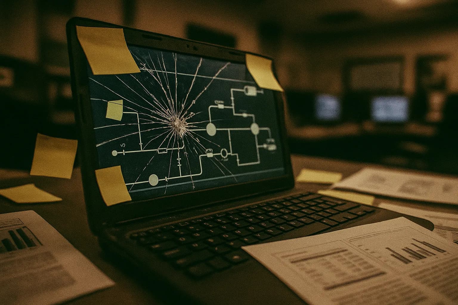 En bærbar computer med en knust skærm viser en Colonial Pipeline kontrolsystemgrænseflade, omgivet af post-it-noter og rapporter, der symboliserer ransomware-angrebet og den efterfølgende kaos i hjertet af Amerikas energiforsyningskæde.