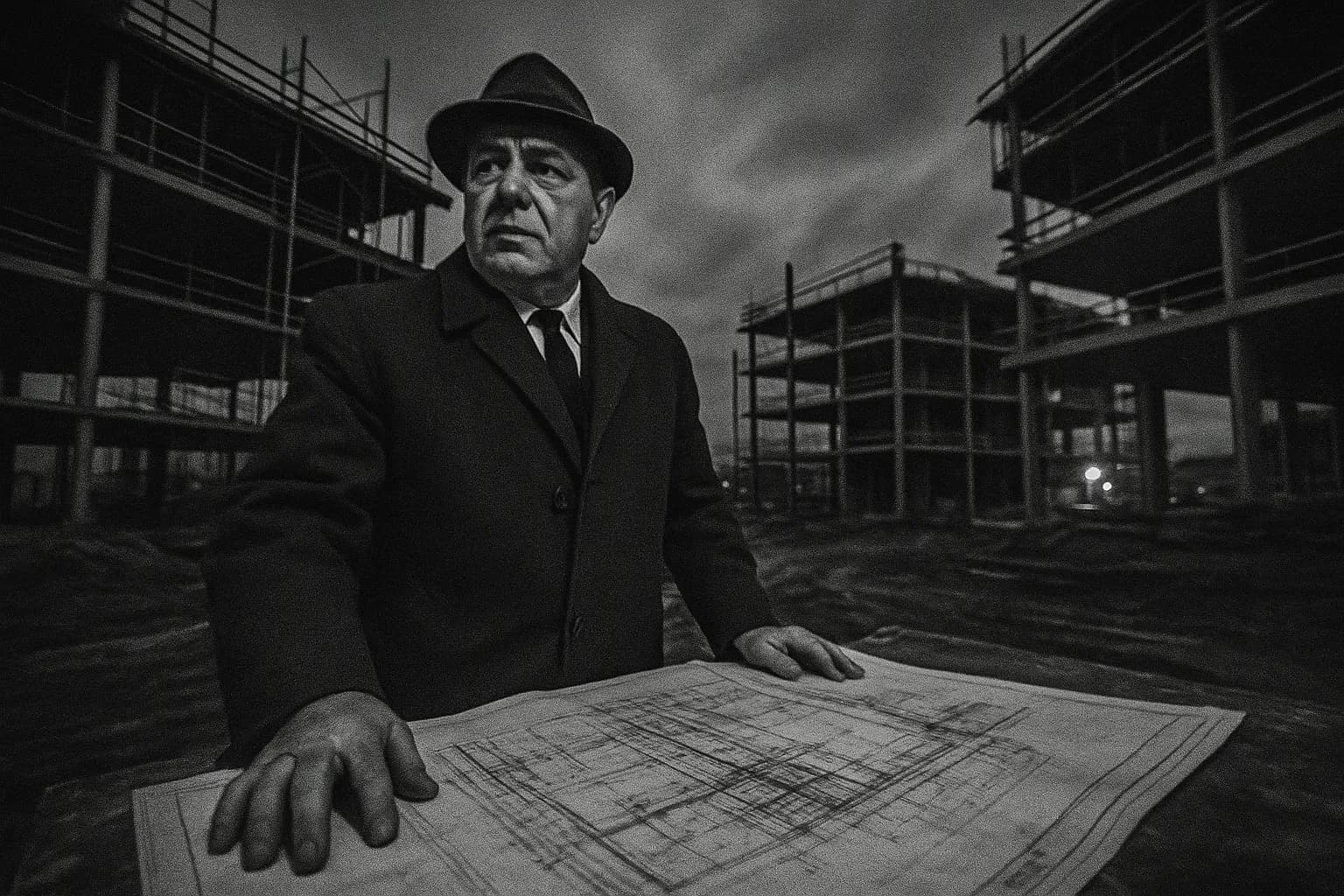 En figur, der ligner Simone “Sam the Plumber” DeCavalcante, står på en byggeplads, omgivet af tegninger og halvfærdige strukturer, der symboliserer hans kontrol over New Jerseys byggebranche i 1960'erne.