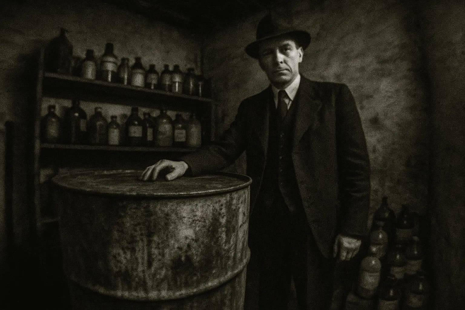 En skikkelse, der ligner John George Haigh, står ved siden af en stor metaltønde, hvis overflade er plettet og tæret, i et svagt oplyst rum fyldt med kemikalieflasker og syrebeholdere.