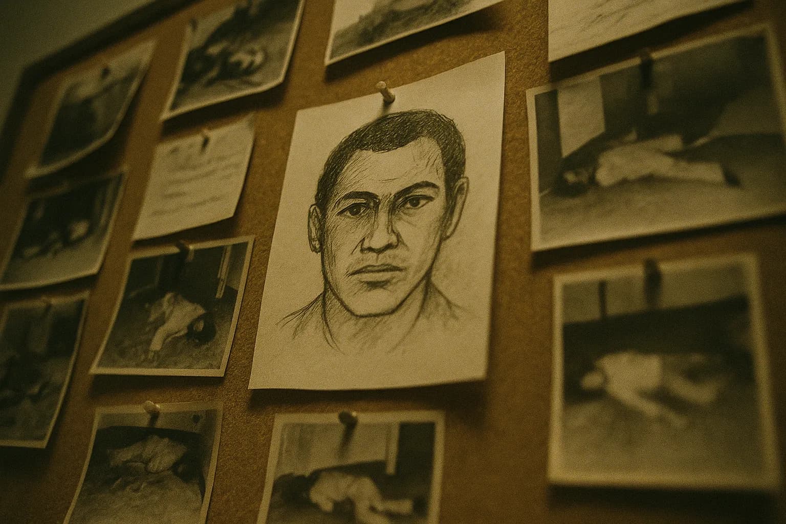 En skitse af en mands ansigt fastgjort til en opslagstavle i en politistation i San Francisco, omgivet af falmede kriminalitetsfotos og noter fra 1970'erne, der antyder jagten på den undvigende seriemorder 'Doodler'.
