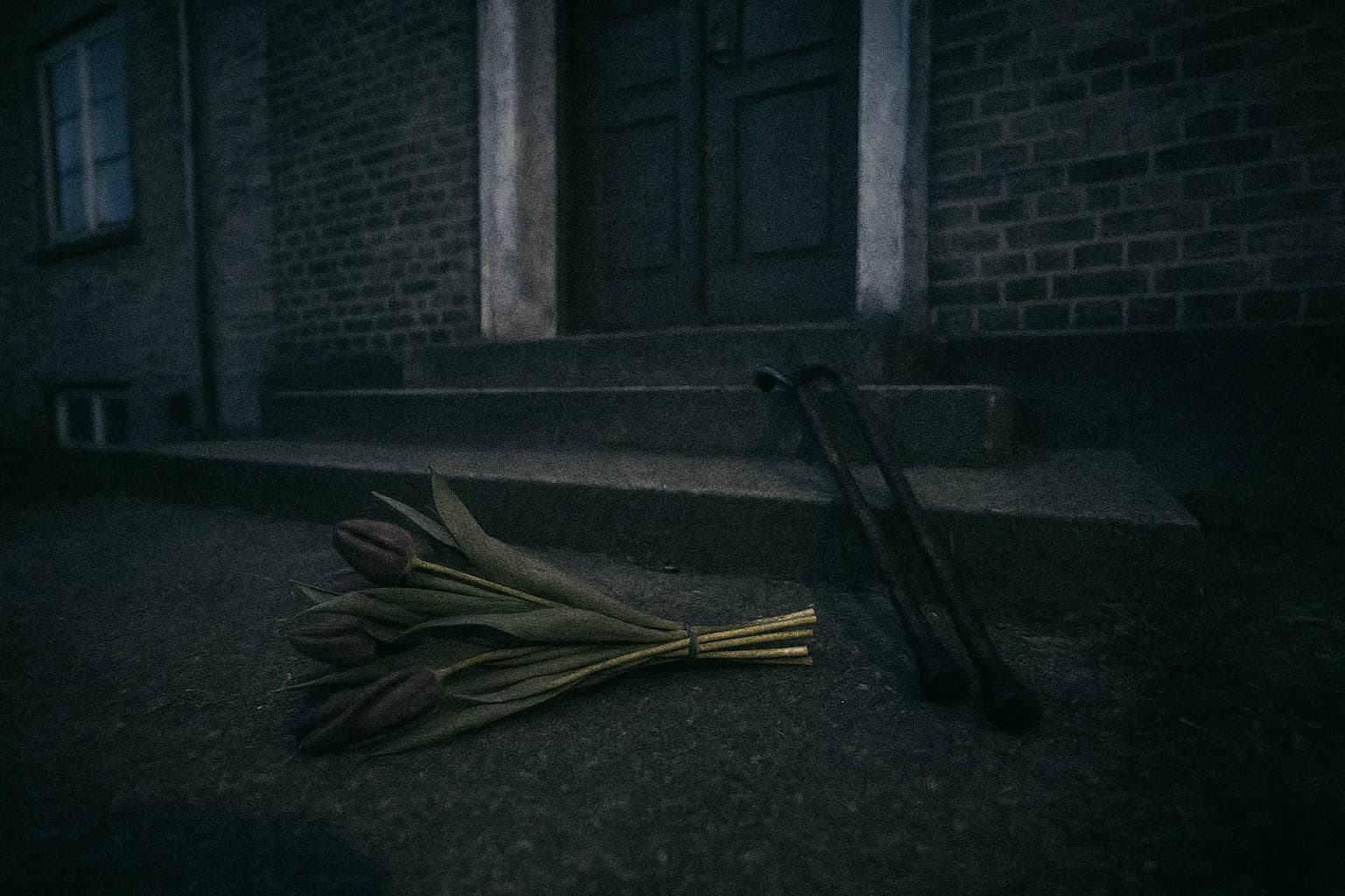 En buket tulipaner og et par vandrestave ligger efterladt på trappetrinnene foran et hus på Peter Bangs Vej og symboliserer det uopklarede dobbeltmordmysterium fra 1948 på Jacobsen-parret.