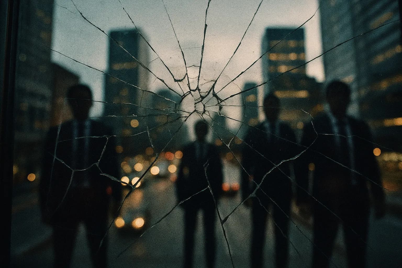 Et sprængt Equifax-logo på en glasdør med reflektion af anonyme figurer i jakkesæt, der symboliserer spionage og sikkerhedsbrist, mod baggrunden af et travlt bylandskab.