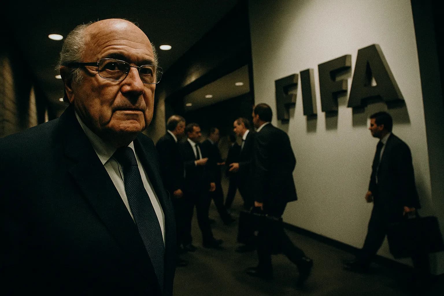 En skikkelse, der ligner Sepp Blatter, står foran et FIFA-logo nær en gang, mens uniformerede embedsmænd holder kufferter og summen af dæmpede samtaler fylder luften.